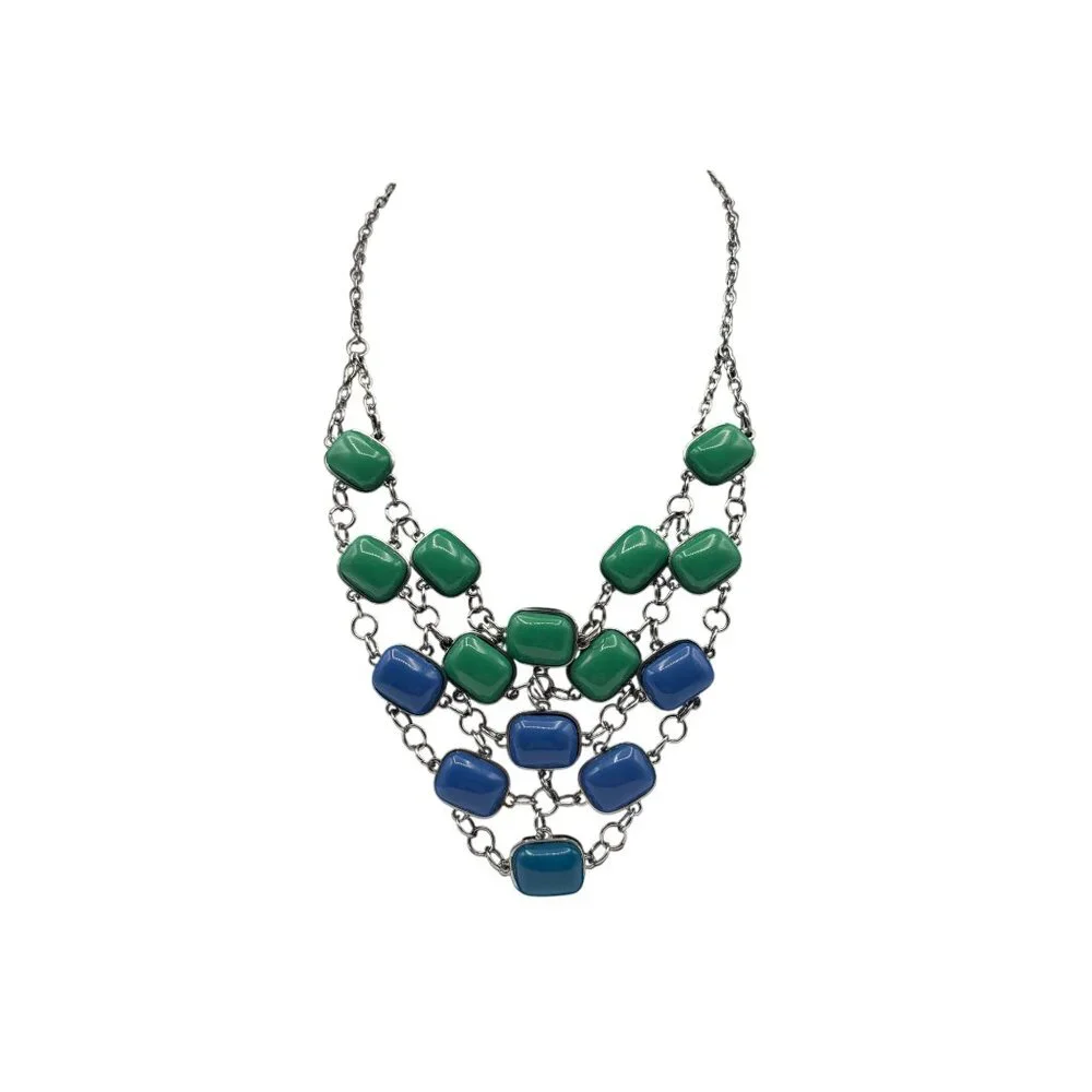 Chunky Multicolor Layered Necklace With Green & Blue Beads On Silver Chain - Picture 1 of 5